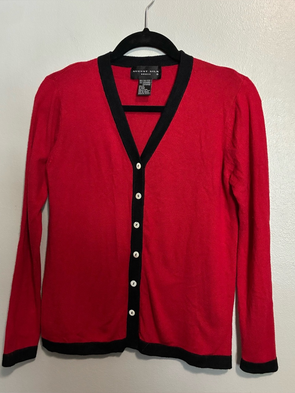 August Silk Women’s M Red/Black V-Neck Button-Front Silk Cashmere Knit Cardigan
